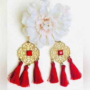 Gold Filigree Red Tassel Earrings *NWT
